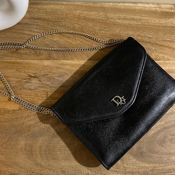 AUTH VINTAGE RARE DIOR BLACK LEATHER MINI FLAP BAG & GOLD ORIGINAL CHAIN - Picture 1 of 17